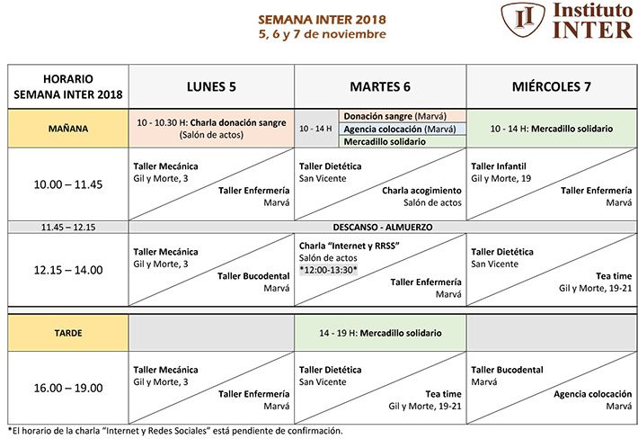 Calendario Actividades Semana Cultural de Inst. INTER