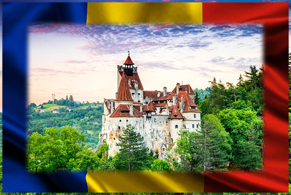 Castillo enmarcado con bandera de Rumanía