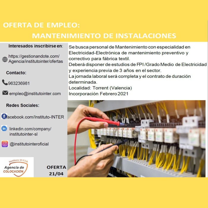 Oferta de Empleo: Electricista » Instituto